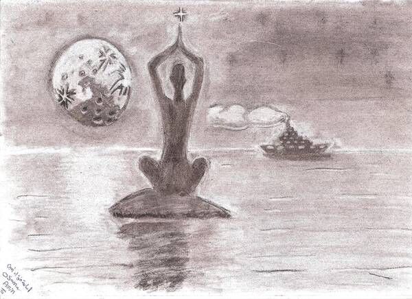 Practice Yoga Under The Surface Of The Moon In The Ocean And Their Are Boat On It Art Print featuring the drawing Yoga In The Ocean by Osama Amin