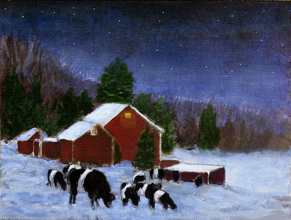 Impressionist Painting Of Cows At Night Art Print featuring the painting Yuletide Glamour by David Zimmerman