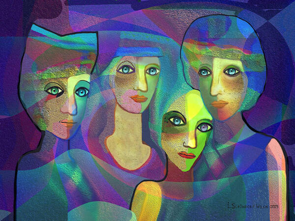 Face Art Print featuring the digital art 027 Four Sisters blue  #027 by Irmgard Schoendorf Welch