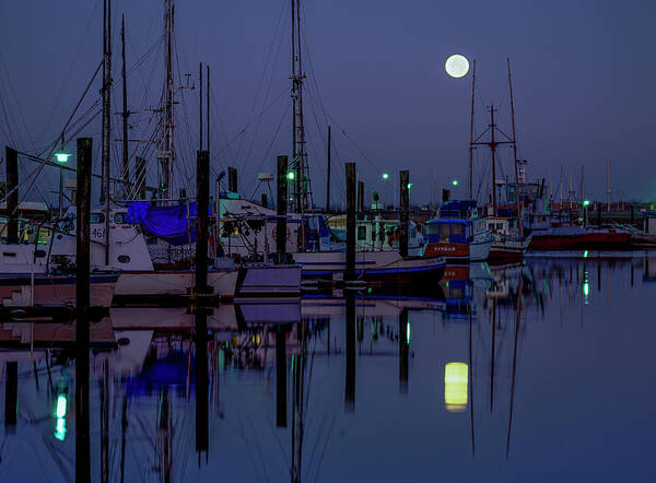 Boats Art Print featuring the photograph Moon Over Winchester Bay #1 by Robert Potts