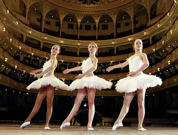 Ballet Dancer Art Print featuring the photograph Three Teenage Ballet Dancers On Stage #1 by Hans Neleman