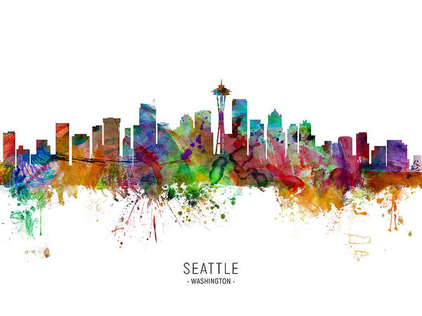Seattle Art Print featuring the digital art Seattle Washington Skyline #19 by Michael Tompsett