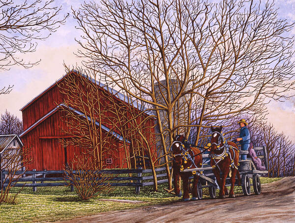 Man Riding On Wagon Being Pulled By Horses By Barn Art Print featuring the painting Amish Wagon Ride by Thelma Winter