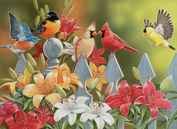 Backyard Birds With Daylilies Art Print featuring the painting Backyard Birds With Daylilies by William Vanderdasson