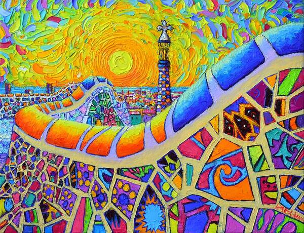 Barcelona Art Print featuring the painting BARCELONA SUNRISE PARK GUELL textural impressionist impasto knife oil painting by Ana Maria Edulescu by Ana Maria Edulescu