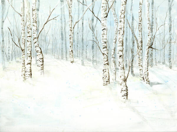 Birch Forest Art Print featuring the painting Birch Aspen Forest in Winter Snow by Audrey Jeanne Roberts