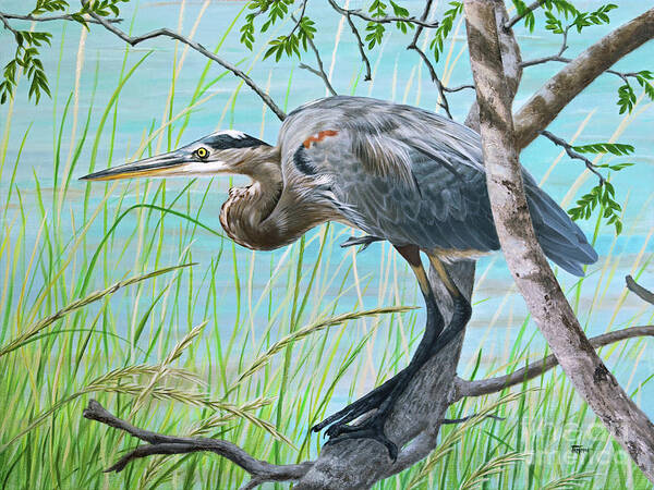 Blue Heron Art Print featuring the painting Blue Heron in the Bush by Jimmie Bartlett