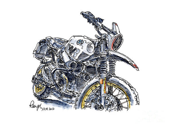 Motorbike Art Print featuring the drawing BMW R Nine T Urban Zweiradwerke Motorcycle Ink Drawing and Water by Frank Ramspott