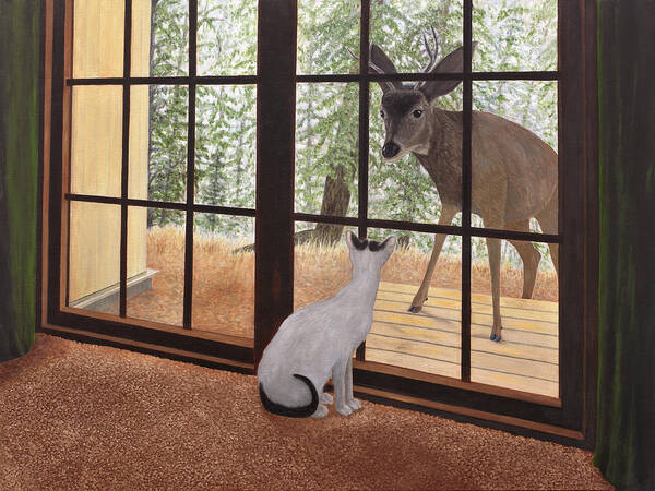 Cat Art Print featuring the painting Cat Meets Deer by Karen Zuk Rosenblatt