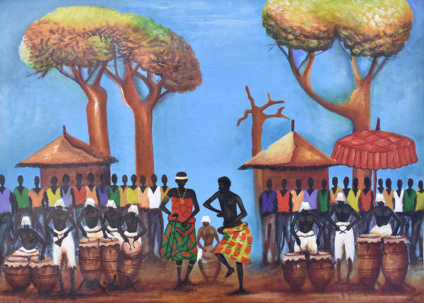 Africa Art Print featuring the painting Celebration Drumming - Blue by Francis Sampson