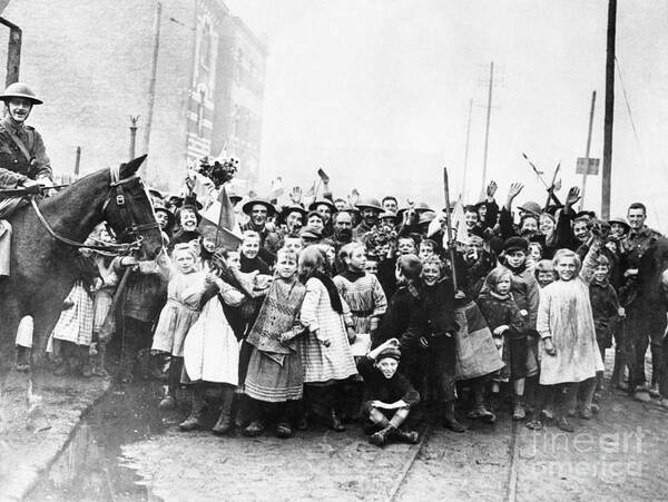 Child Art Print featuring the photograph Children Cheer The 57th Division by Bettmann