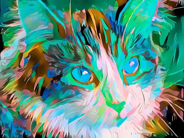 Blue Art Print featuring the digital art Colorful Cat Face Abstract Blue Eyes by Don Northup