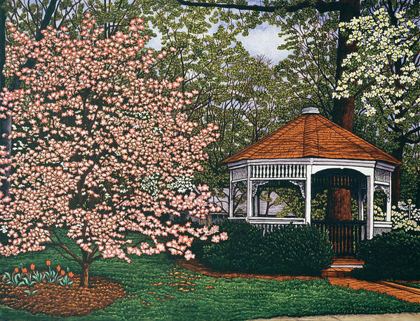 Gazebo With Dogwood Trees Around It Art Print featuring the painting Dogwood 2 by Thelma Winter