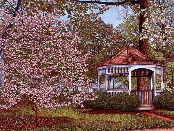 A Gazebo Surrounded By Dogwood Tree In Bloom Art Print featuring the painting Dogwood by Thelma Winter