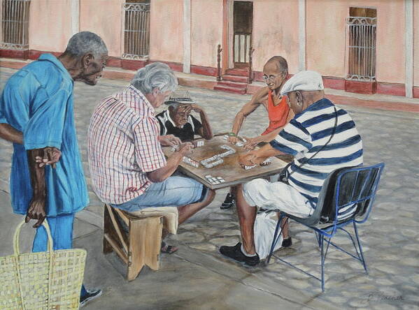 Domino Players Art Print featuring the painting Domino players by Bonnie Peacher