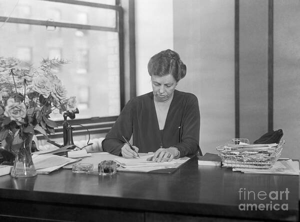 Material Art Print featuring the photograph Eleanor Roosevelt Writing At Desk by Bettmann