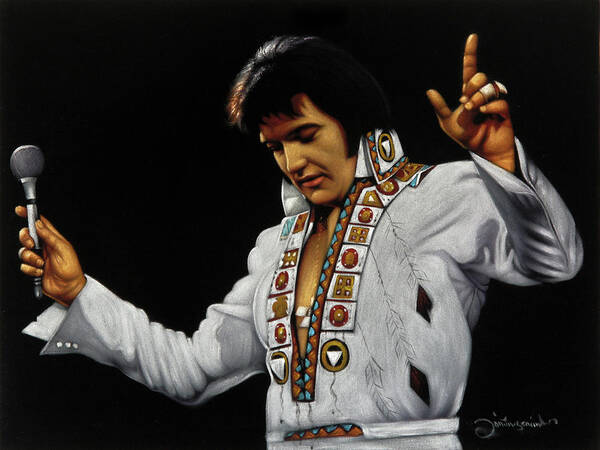 Oil Painting Art Print featuring the painting Elvis Presley The King Portrait Vegas white Jumpsuit oil painting Velvet JM271 by Zenon Matias Jimenez
