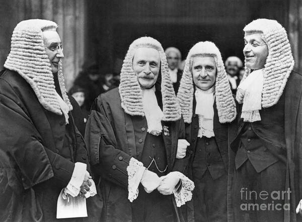Mature Adult Art Print featuring the photograph English Judges In Wigs by Bettmann