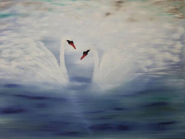 Swans Art Print featuring the painting Fading Swans by Berlynn