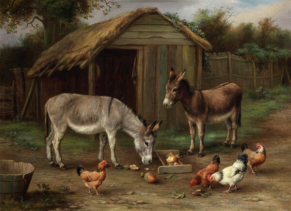 Farmyard Art Print featuring the painting Farmyard scene with donkeys and chickens by Edgar Hunt