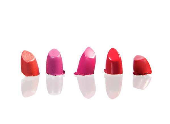 Five Objects Art Print featuring the photograph Five Different Coloured Lipsticks by Nicole Hill Gerulat