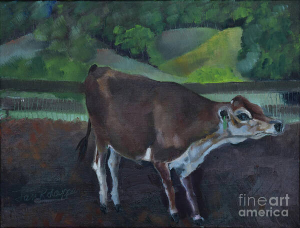 Baby Calf Art Print featuring the painting Franks Cow - Mountain Valley Farms by Jan Dappen