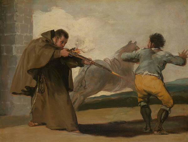19th Century Art Art Print featuring the painting Friar Pedro Shoots El Maragato as His Horse Runs Off by Francisco Goya