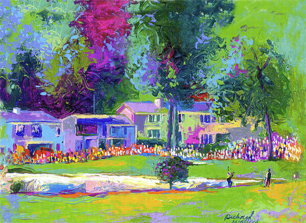 Golf Player And Caddy At A Sand Trap. Crowd And Houses In Background Art Print featuring the painting Golf Hole 1 by Richard Wallich