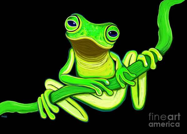 A Green Frog On A Vine Art Print featuring the painting Green Frog on a vine by Nick Gustafson