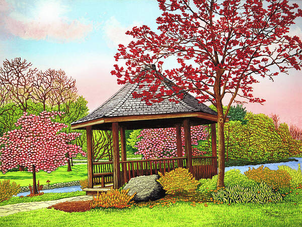 Gazebo In A Park Art Print featuring the painting Green Lake Gazebo, Orchard Park, Ny by Thelma Winter