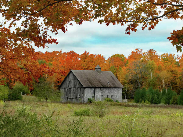 October Art Print featuring the photograph Grey Barn Fall Colors by David T Wilkinson