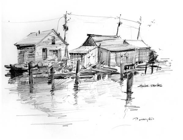 Visco Art Print featuring the painting Harbor Shacks by P Anthony Visco