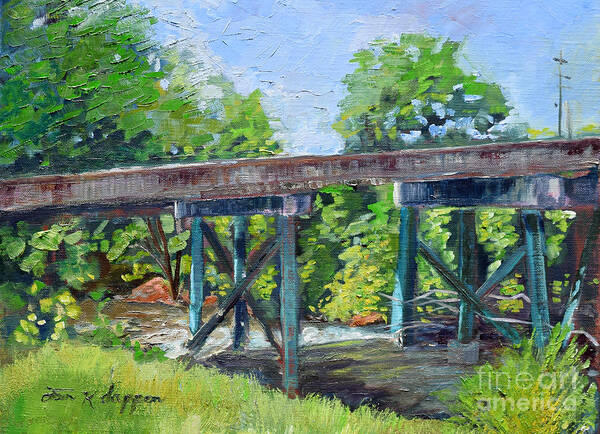 Bridge Art Print featuring the painting Harrison Park Bridge-Ellijay River - Sun Peeking Under by Jan Dappen