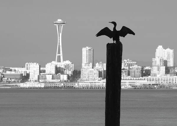 Skyline Art Print featuring the photograph Hello Space Needle Black and White by Peggy Kahan