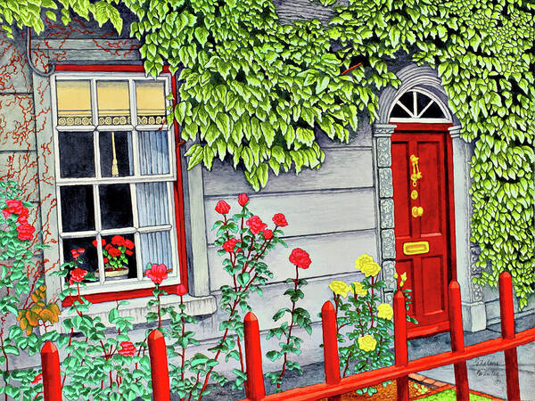 Roses And Ivy Growing Near A Home?s Entry Art Print featuring the painting Ireland - Red Fence, Adare Co Limerick by Thelma Winter