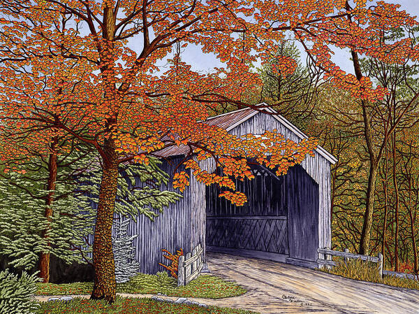 Covered Bridge With Trees Around It Changing Colors Art Print featuring the painting Kingsley Bridge by Thelma Winter