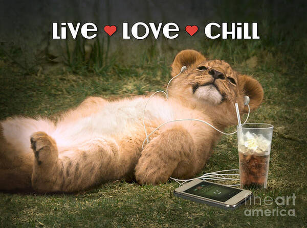 Lion Art Print featuring the digital art Live Love Chill lion cub by Evie Cook