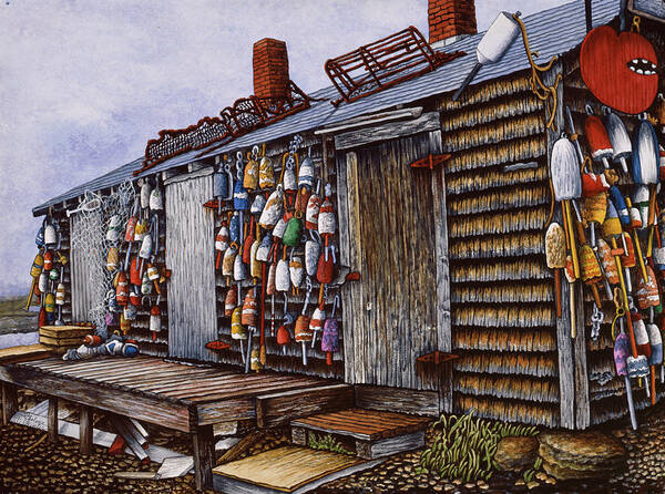 Shack With Lobster Buoys Hanging From It Art Print featuring the painting Lobster Buoys by Thelma Winter