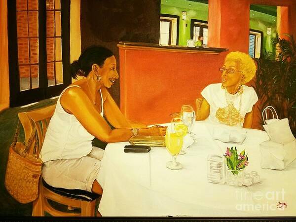 Ladies At Lunch Art Print featuring the painting Lunch at Olivadi by Barbara Hayes