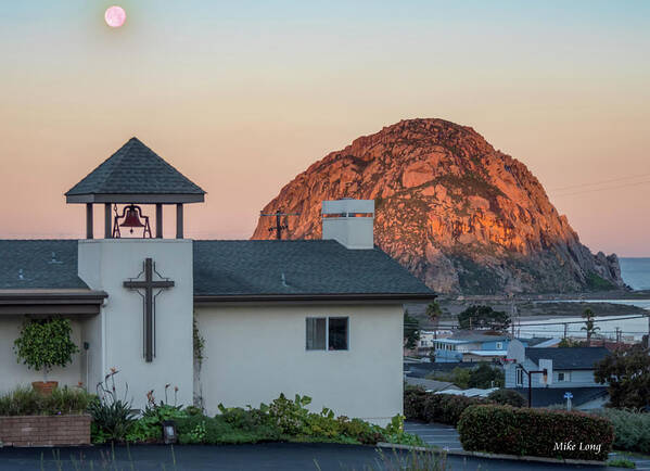 Central California Coast Art Print featuring the photograph Moonset Above Morro Rock by Mike Long