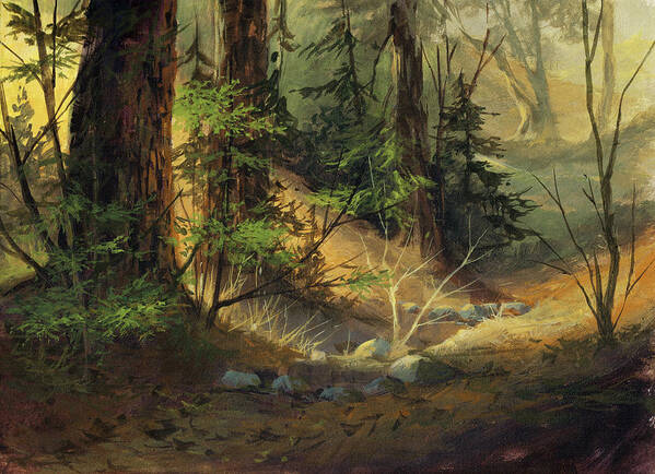 Michael Humphries Art Print featuring the painting Morning Redwoods by Michael Humphries