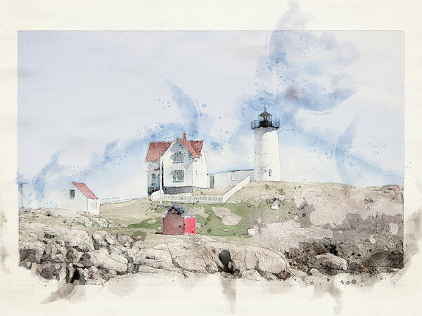 Nubble Art Print featuring the digital art Nubble Lighthouse #2 by George Pennington