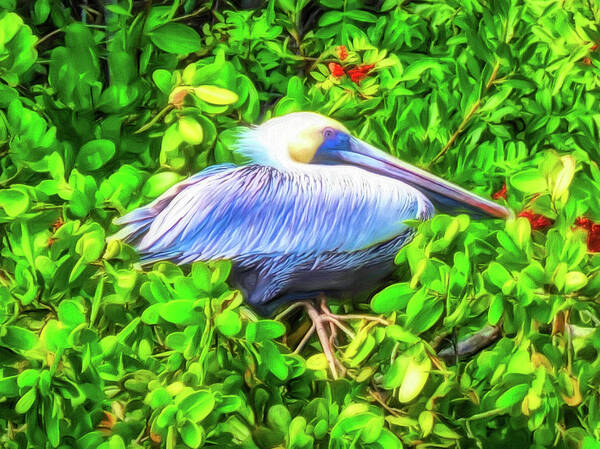 Pelican Art Print featuring the digital art Pelican in the Mangroves by Susan Hope Finley