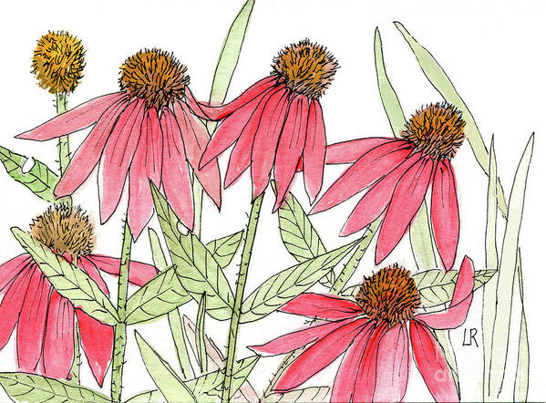 Pink Coneflower Art Print featuring the painting Pink Coneflowers Gather Watercolor by Laurie Rohner