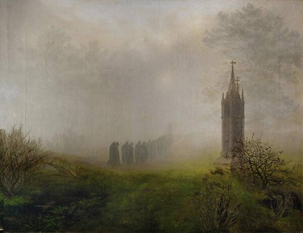 Ernst Ferdinand Oehme Art Print featuring the painting Procession in the fog. Oil on canvas -1828- 81.5 x 105.5 cm. by Ernst Ferdinand Oehme