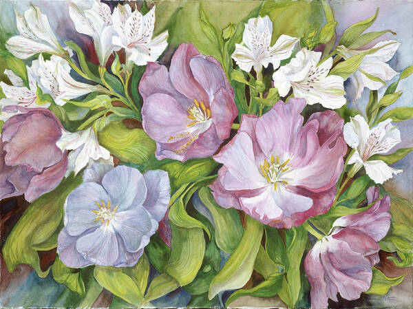Purple Tulips And White Alstonerias Growing Side By Side. Art Print featuring the painting Purple Tulips/ White Alstroneria by Joanne Porter
