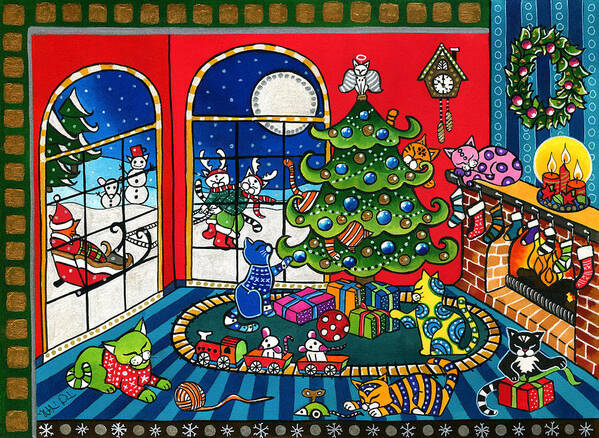 Purrfect Christmas Art Print featuring the painting Purrfect Christmas Cat Painting by Dora Hathazi Mendes