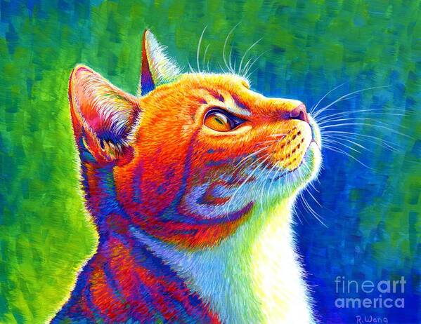 Cat Art Print featuring the painting Anticipation - Psychedelic Rainbow Tabby Cat by Rebecca Wang