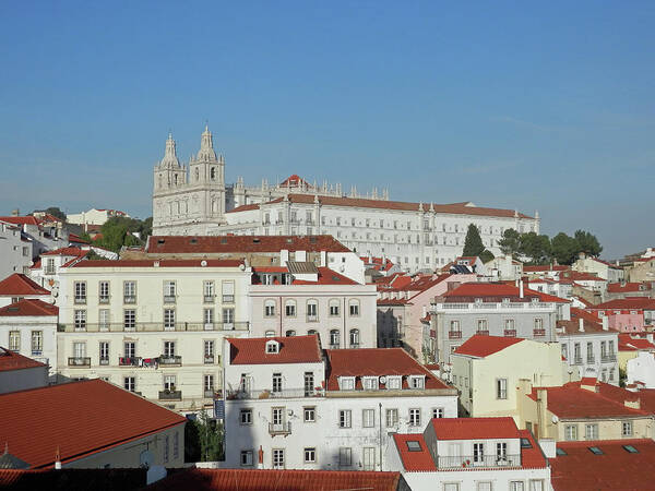 Buildings Art Print featuring the photograph Red and White in Lisbon by Pema Hou