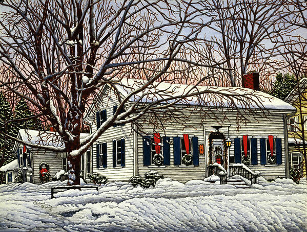 Wreaths With Red Ribbons Hanging On Houses That Are Covered In Snow Art Print featuring the painting Red Ribbon Wreath by Thelma Winter